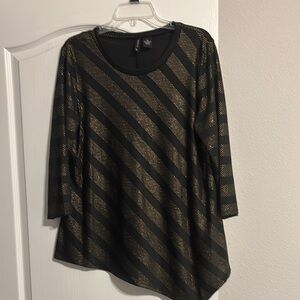 New Directions Black and Gold Asymmetrical Tunic with 3/4 Sleeves